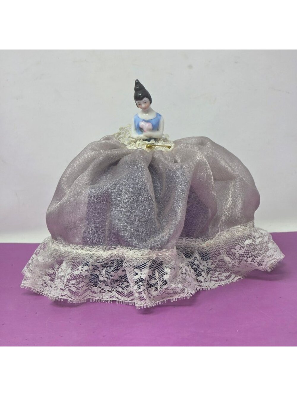 Antique Style Porcelain Half Doll Pin Cushion Lace Skirt Sewing Figurine
